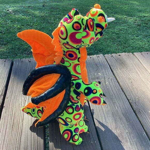 2009 Toy Factory Neon Dragon Plush 16” Psychedelic‎ Orange Wings w/Tag - Picture 4 of 7